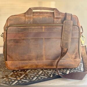 KomalC Leather Messenger Bag 18” Brown Distressed Laptop Bag Briefcase